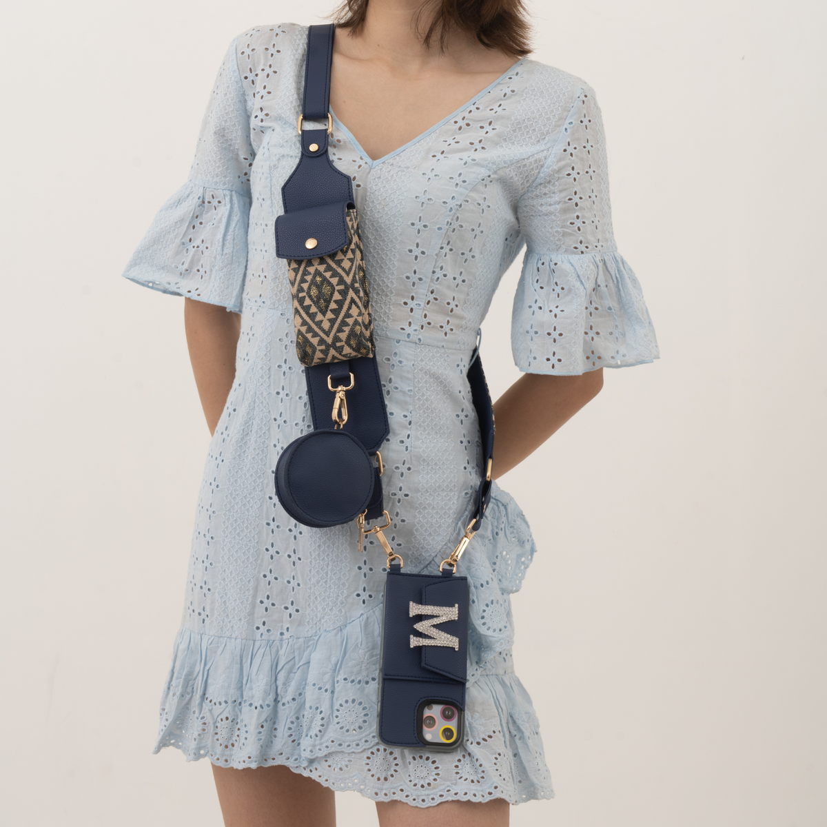 Blue Light Black Diamond Cloth On Pocket Pochette Belt with phone Case
