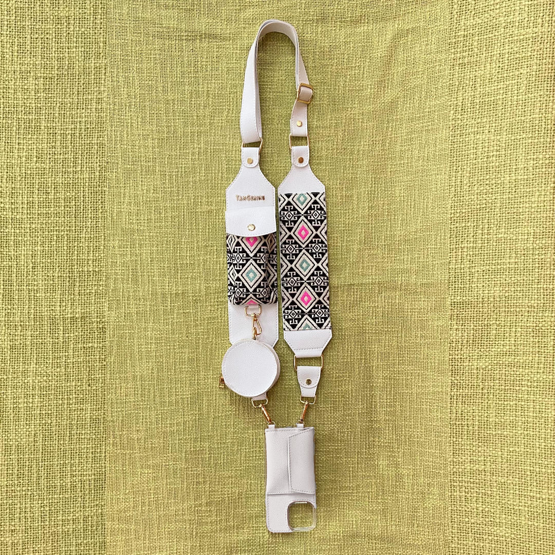 White with Mint & Pink Diamond Cloth on Pocket Pochette Belt with Phone Case