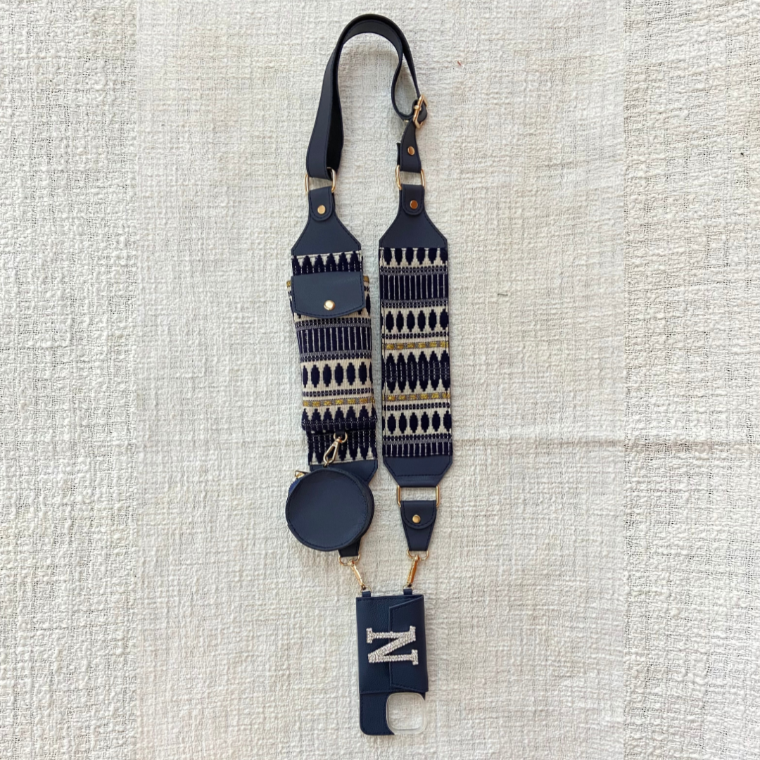Blue with Blue Bullet Cloth on Pocket Pochette Belt with Phone Case