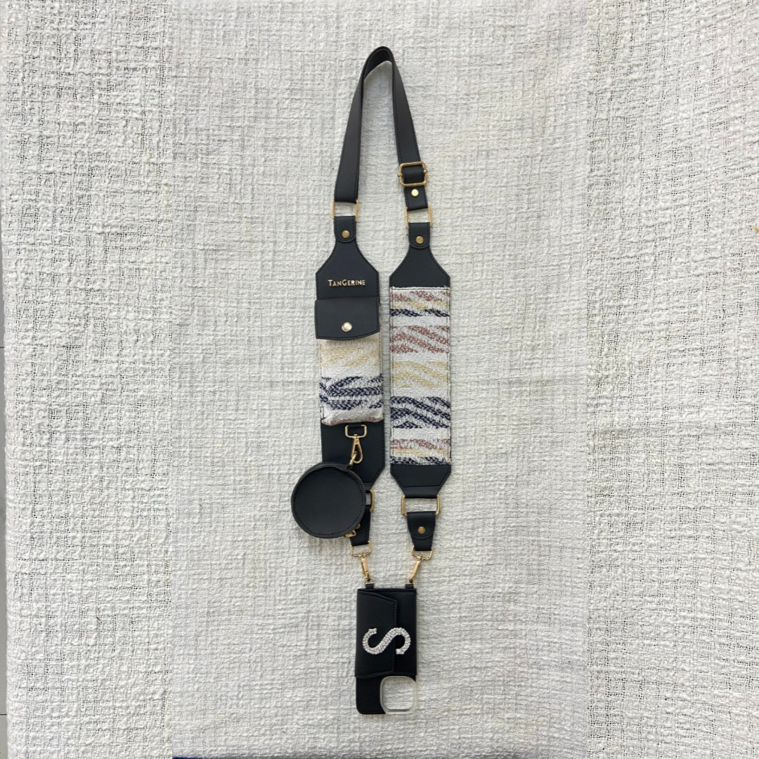 Black with White Tribal Cloth on Pochette Belt with Phone Case