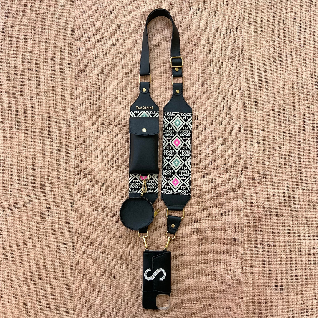 Black with Multi-Color Diamond Pochette Belt with Phone Case