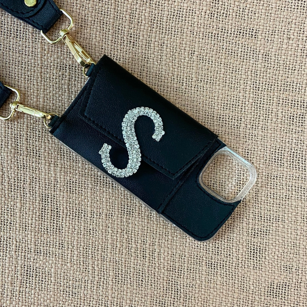Black with Multi-Color Diamond Pochette Belt with Phone Case