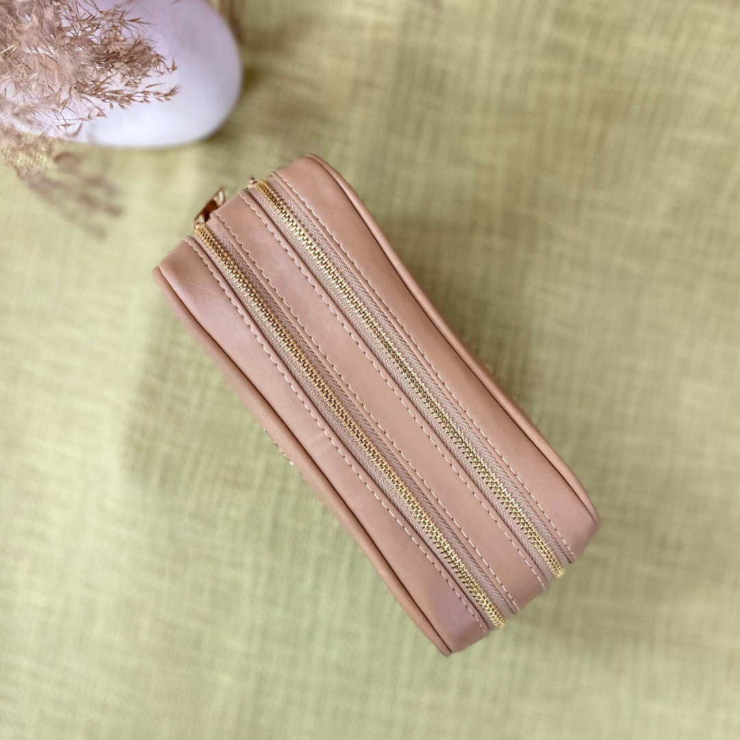 Beige Dual Compartment Bag with Multi-color Lines Belt.