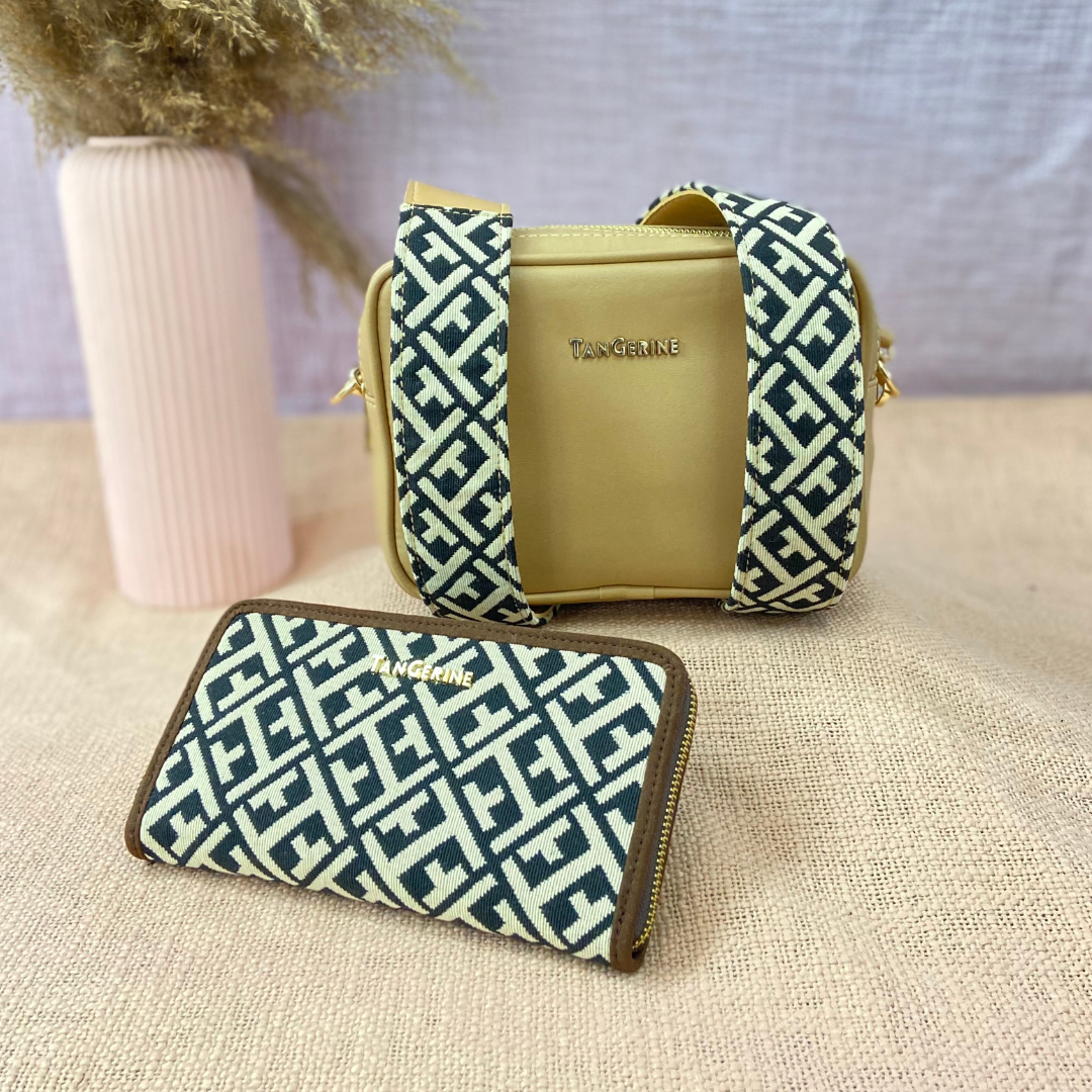 Beige Dual Compartment Bag with Black T-Shape Belt + Big Wallet + Mini Wallet Combo