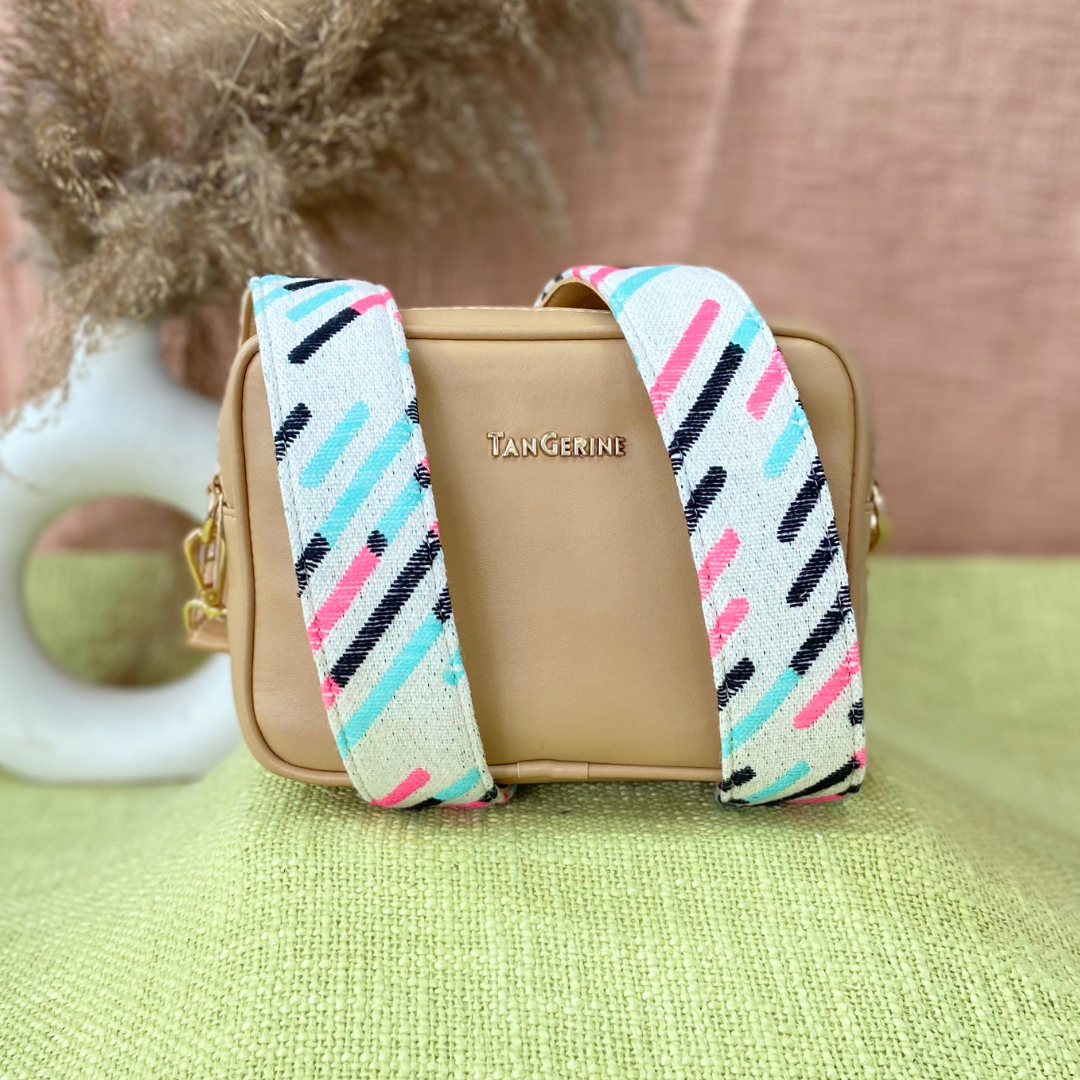 Beige Dual Compartment Bag with Multi-color Lines Belt.