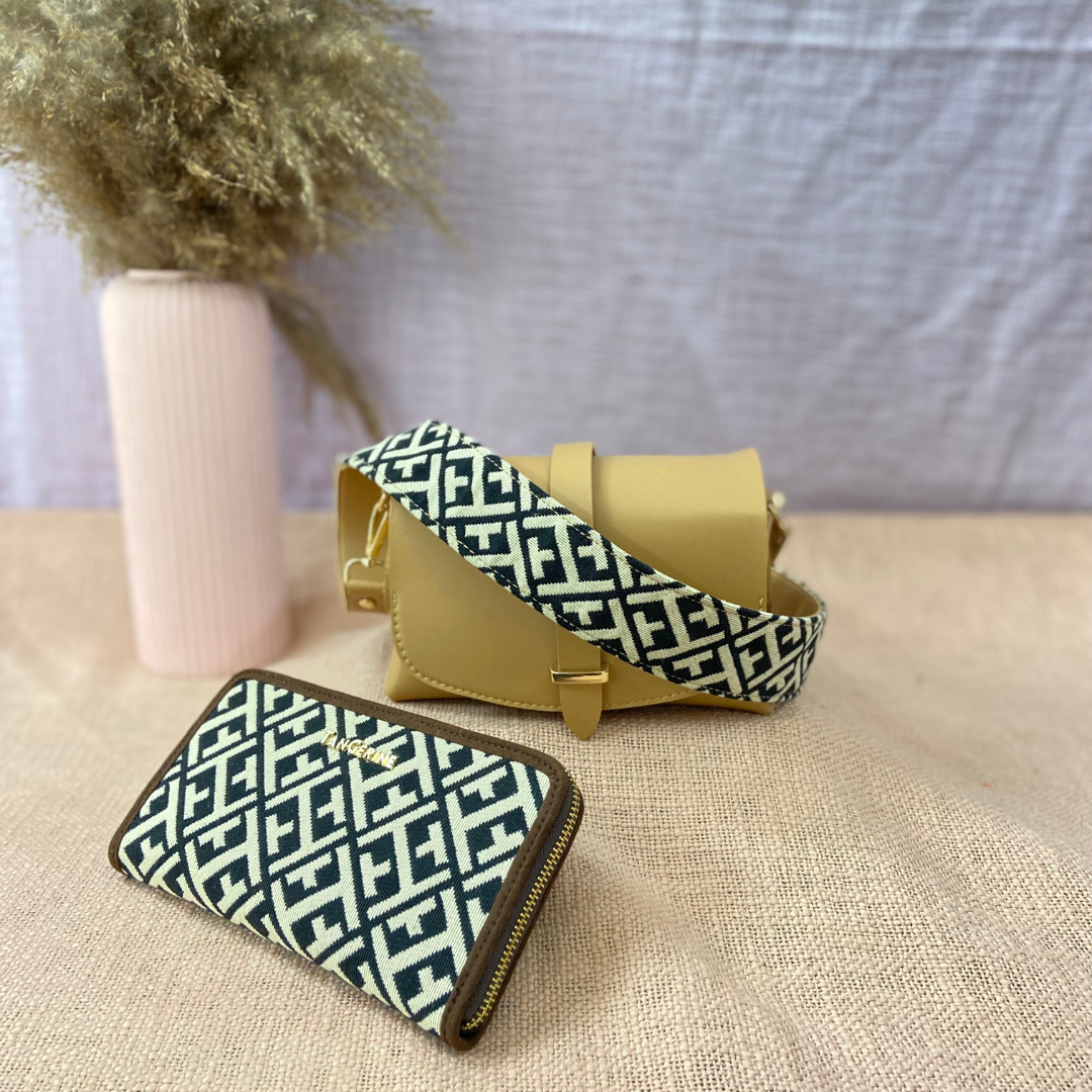 Beige Eva Bag with T-Shape Design Belt + Big Wallet