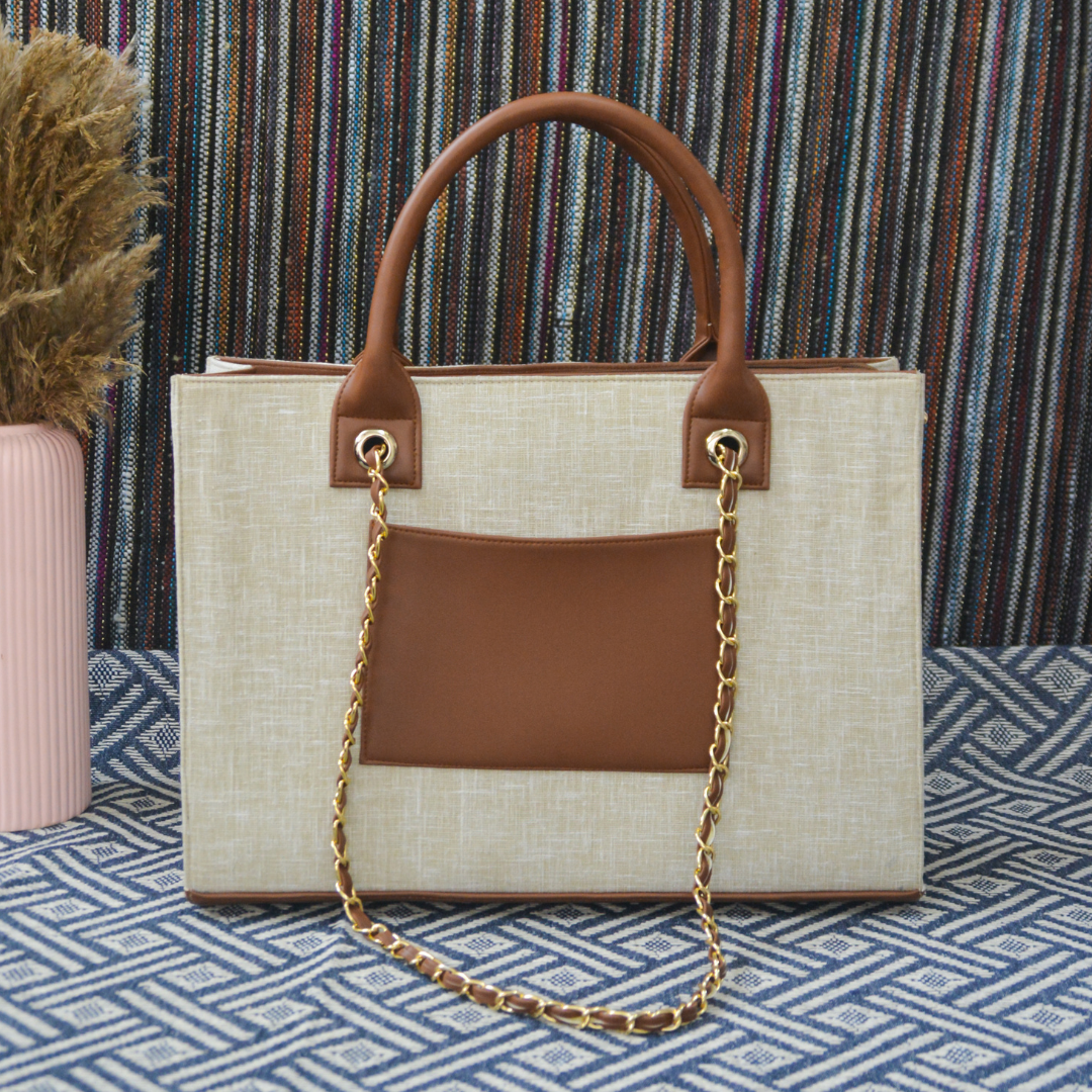 Beige with Brown Trims Chain Tote Handwork (2 initials)