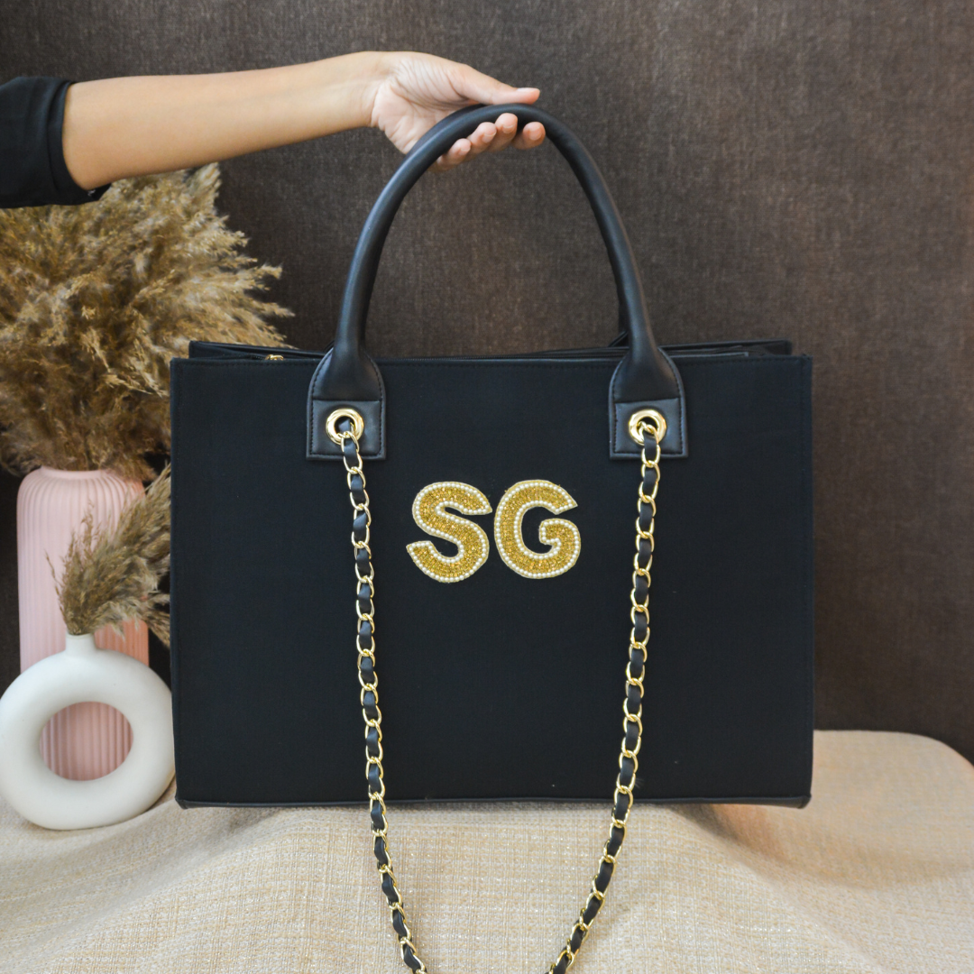 Black Canvas Chain Tote Handwork (2 Initials)