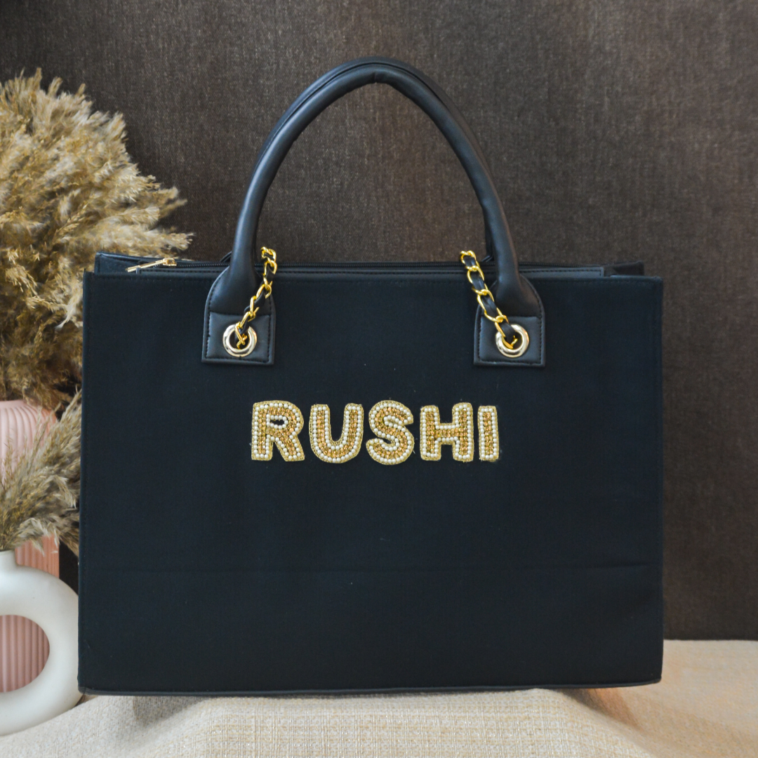 Black Canvas Chain Tote Handwork Full Name (1 Line Initials)