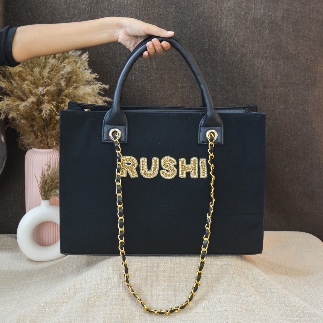 Black Canvas Chain Tote Handwork Full Name (1 Line Initials)
