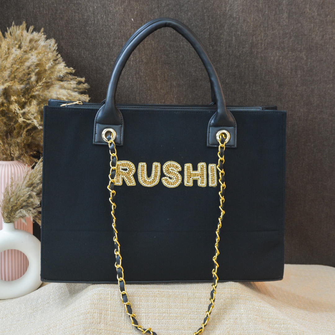 Black Canvas Chain Tote Handwork Full Name (1 Line Initials)
