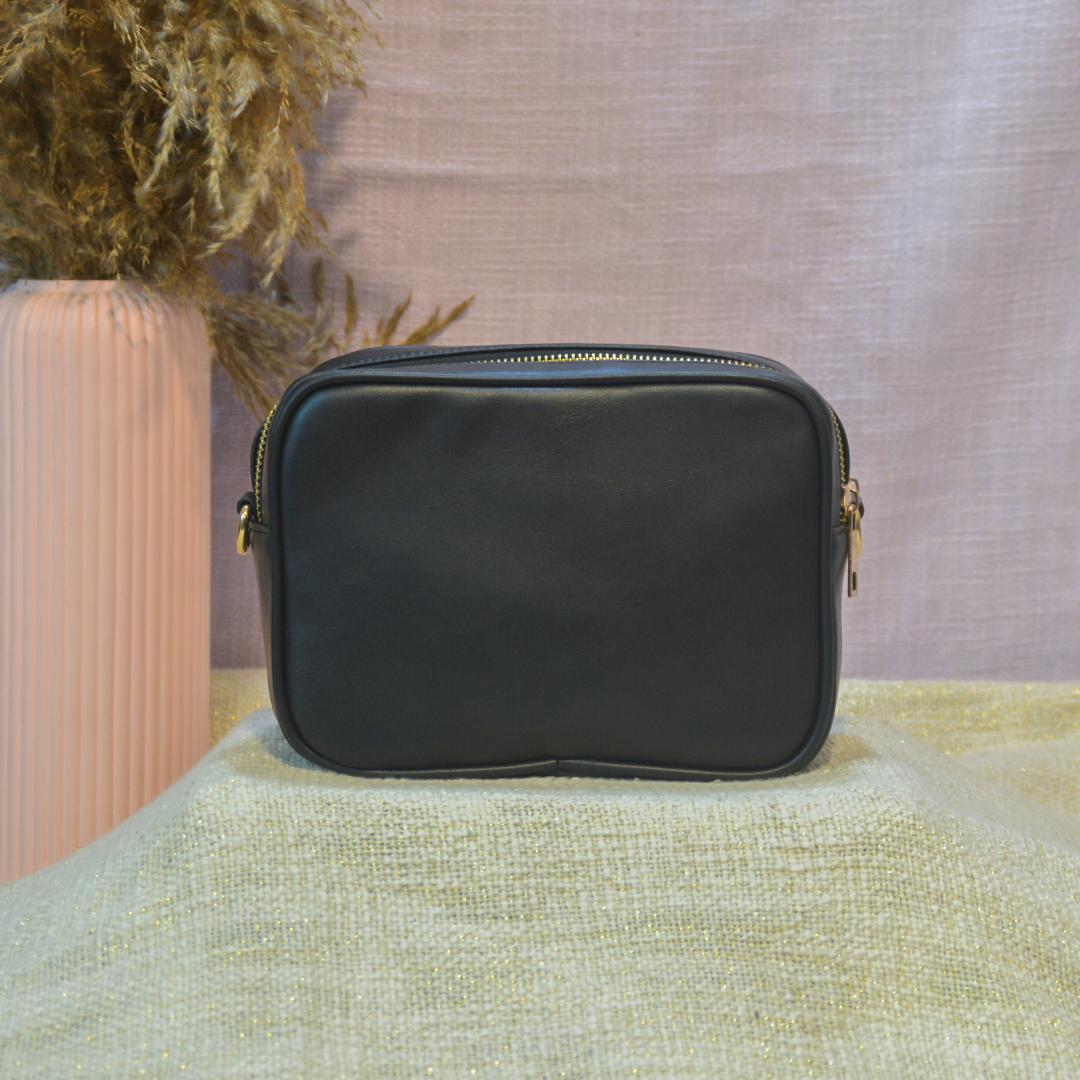 Black Dual Compartment Sling Bag with Black Bullet Belt.