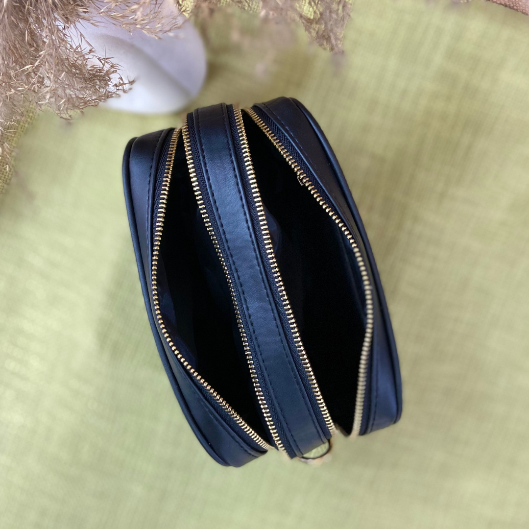 Black Dual Compartment Sling Bag with Black T-Shape Belt