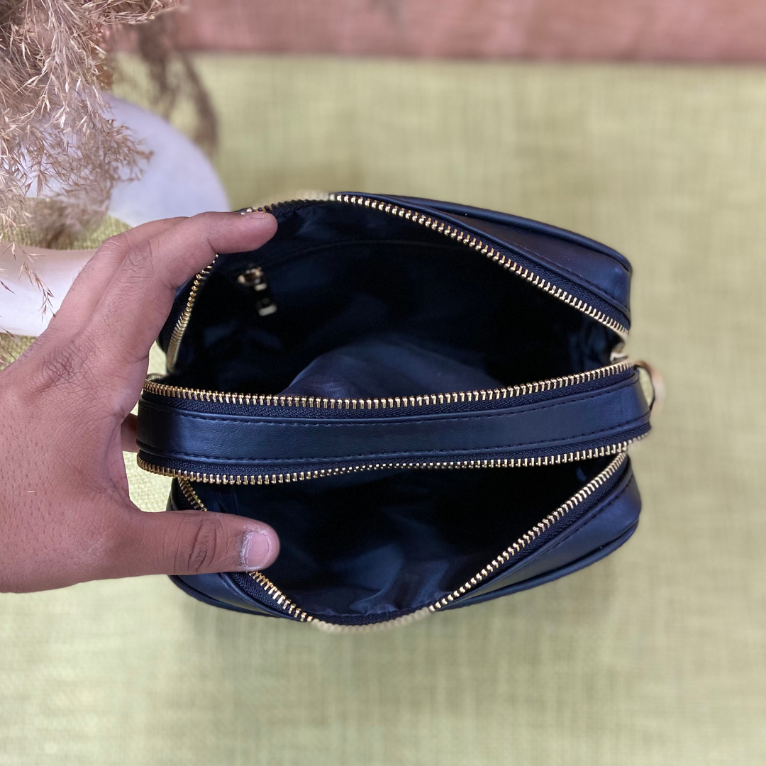 Black Dual Compartment Sling Bag with Black T-Shape Belt + Mini Wallet