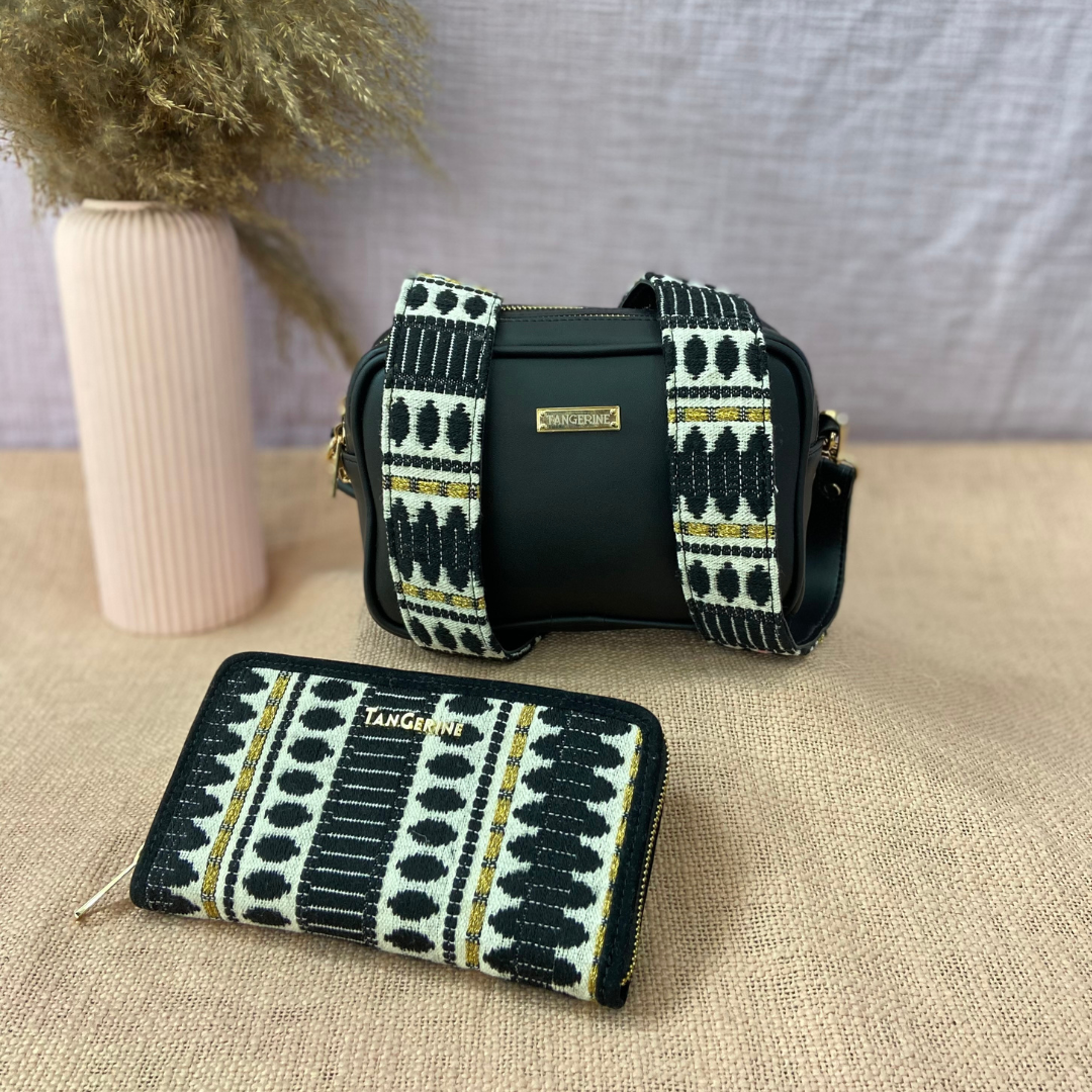 Black Dual Compartment Sling Bag with Black Bullet Belt + Big Wallet