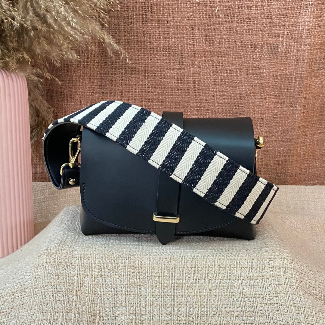 Black Eva Bag with Black & White Stripes Belt.