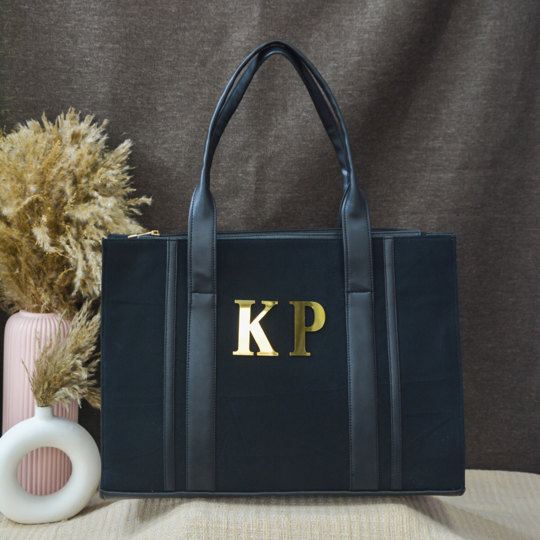 Black Monogram Book Tote Metal Initials