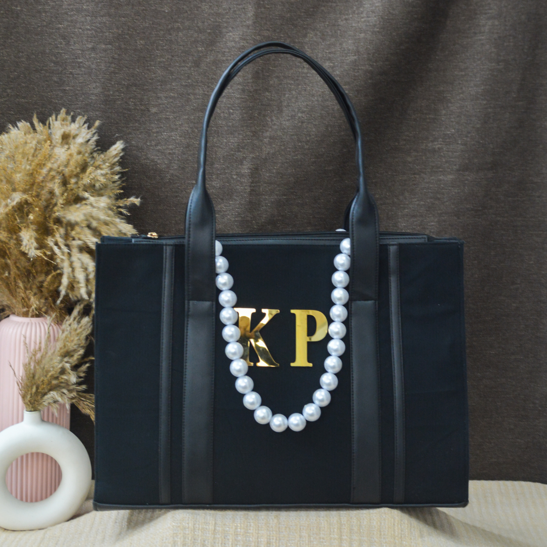 Black Monogram Book Tote Metal Initials