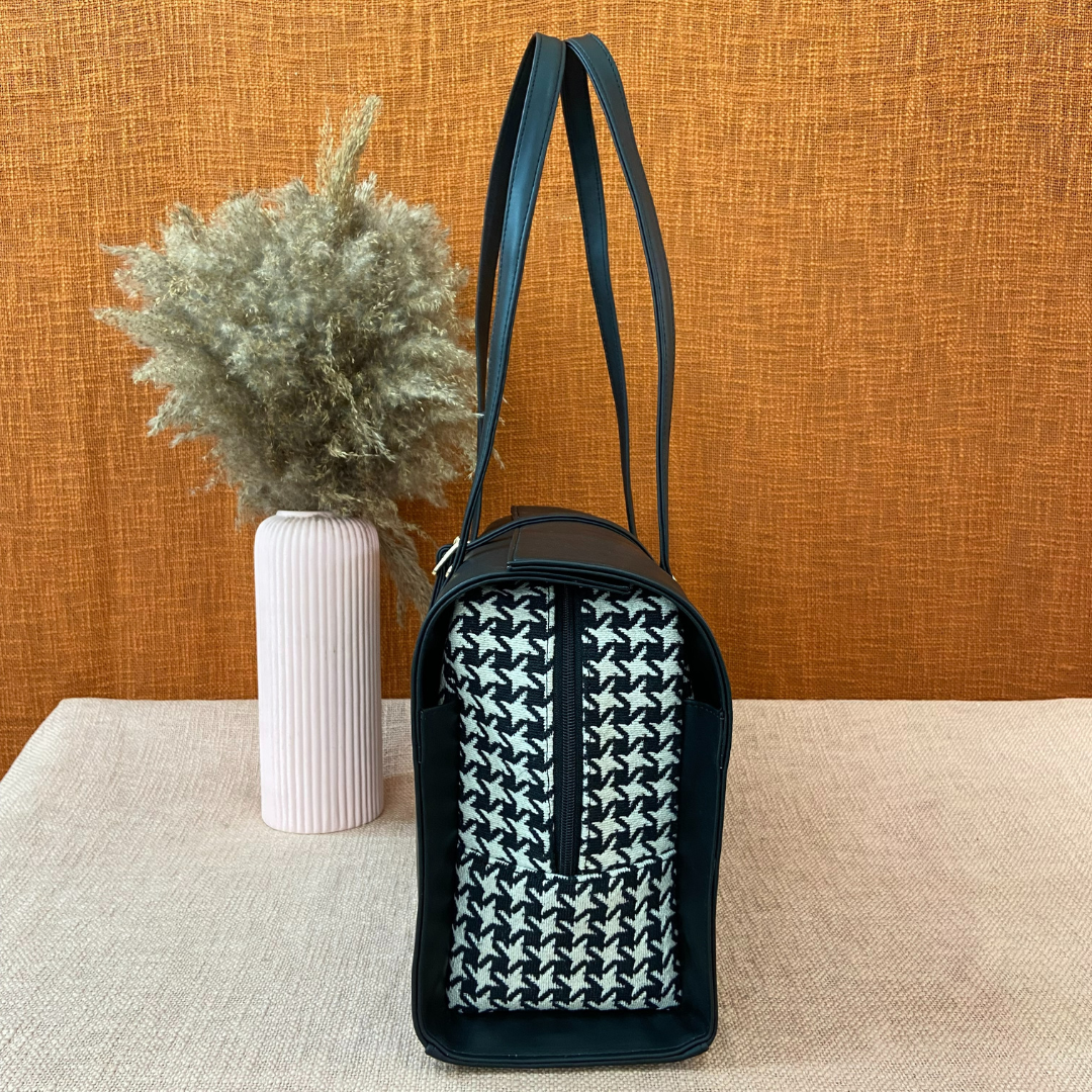 Black with Black & White Vintage Small Print Leera 14inch Bag