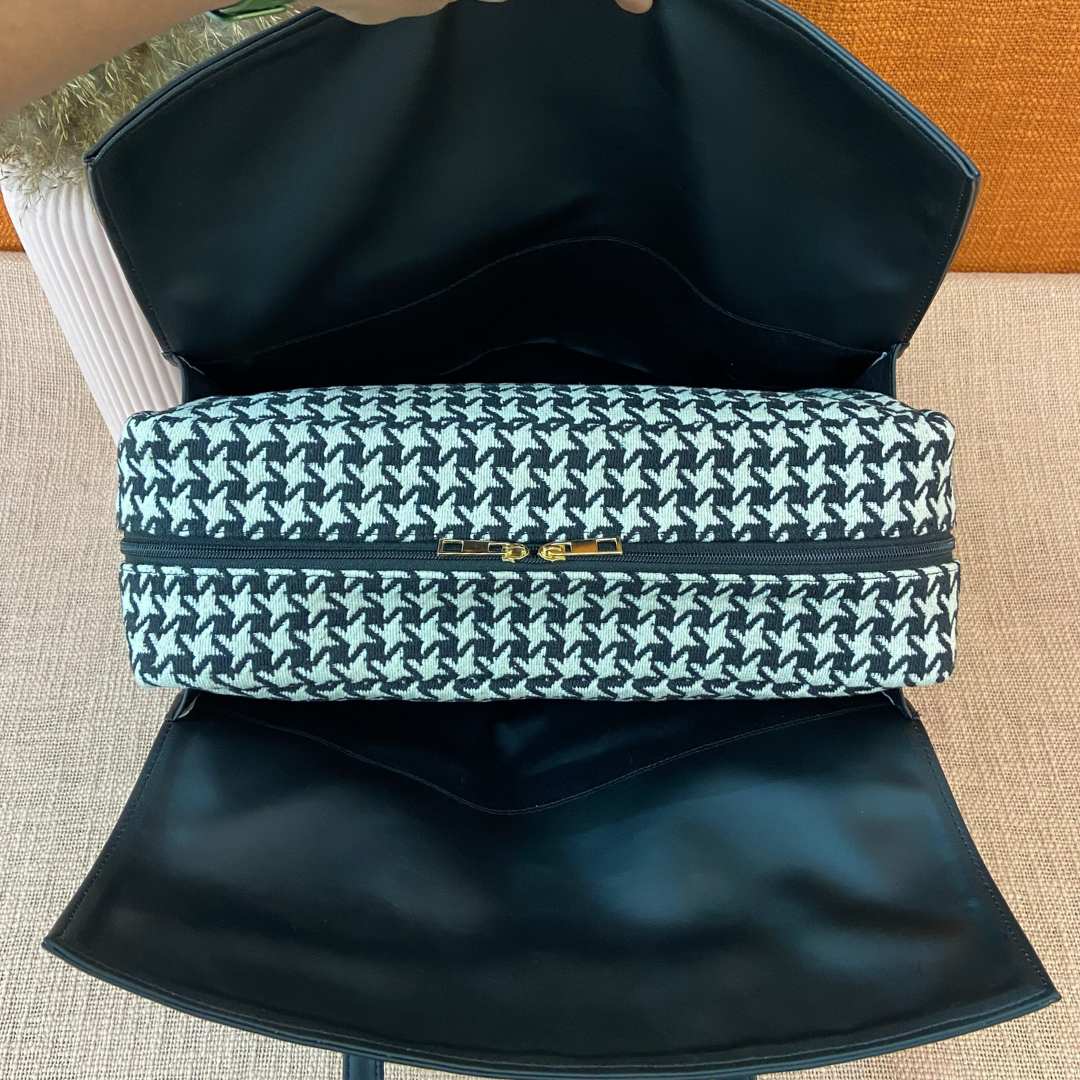Black with Black & White Vintage Small Print Leera 16inch Bag