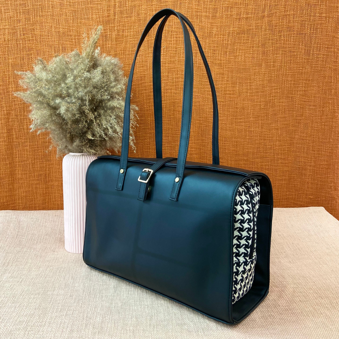 Black with Black & White Vintage Small Print Leera 16inch Bag + Big Wallet Combo