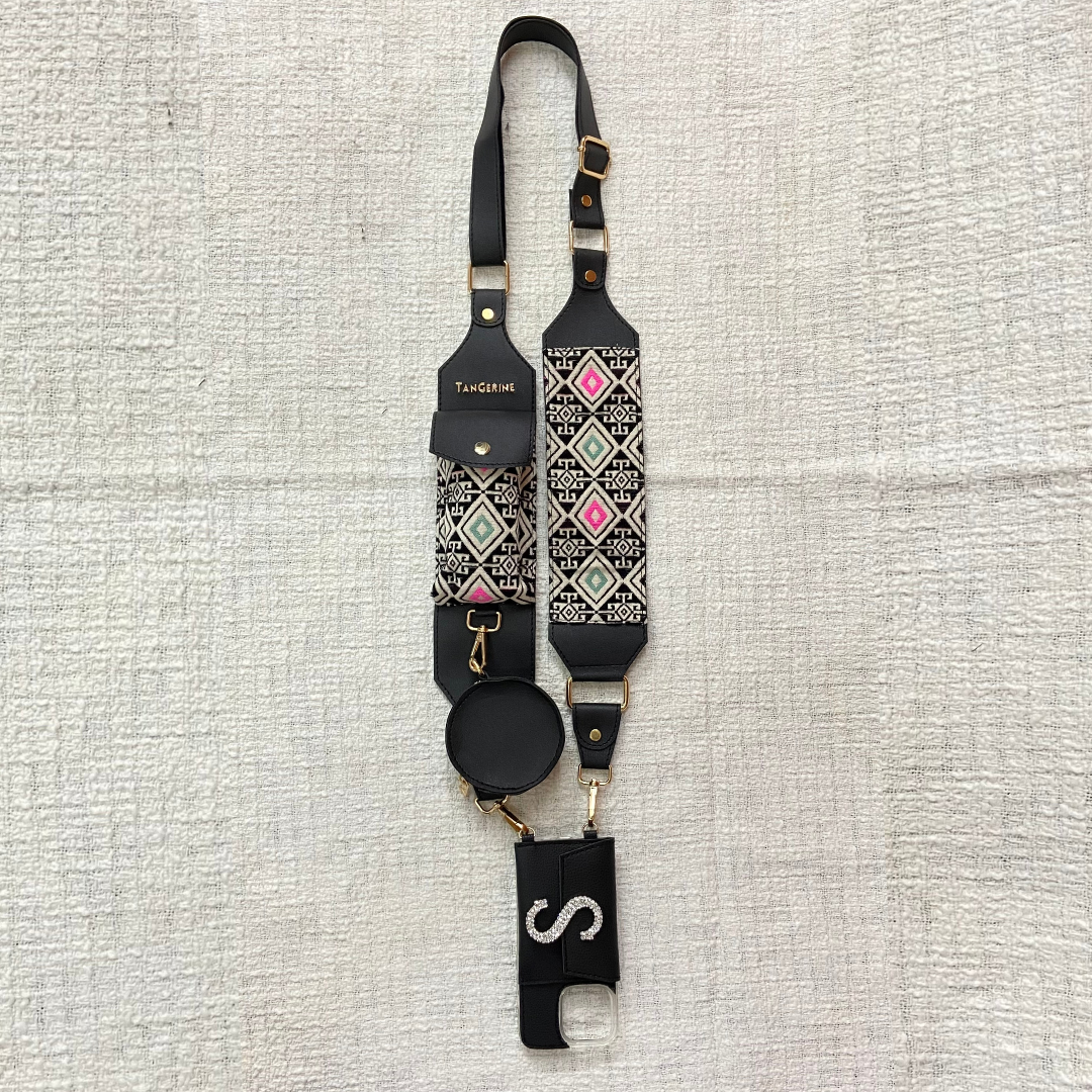 Black with Multi-Color Diamond Cloth on Pocket Pochette Belt with Phone Case