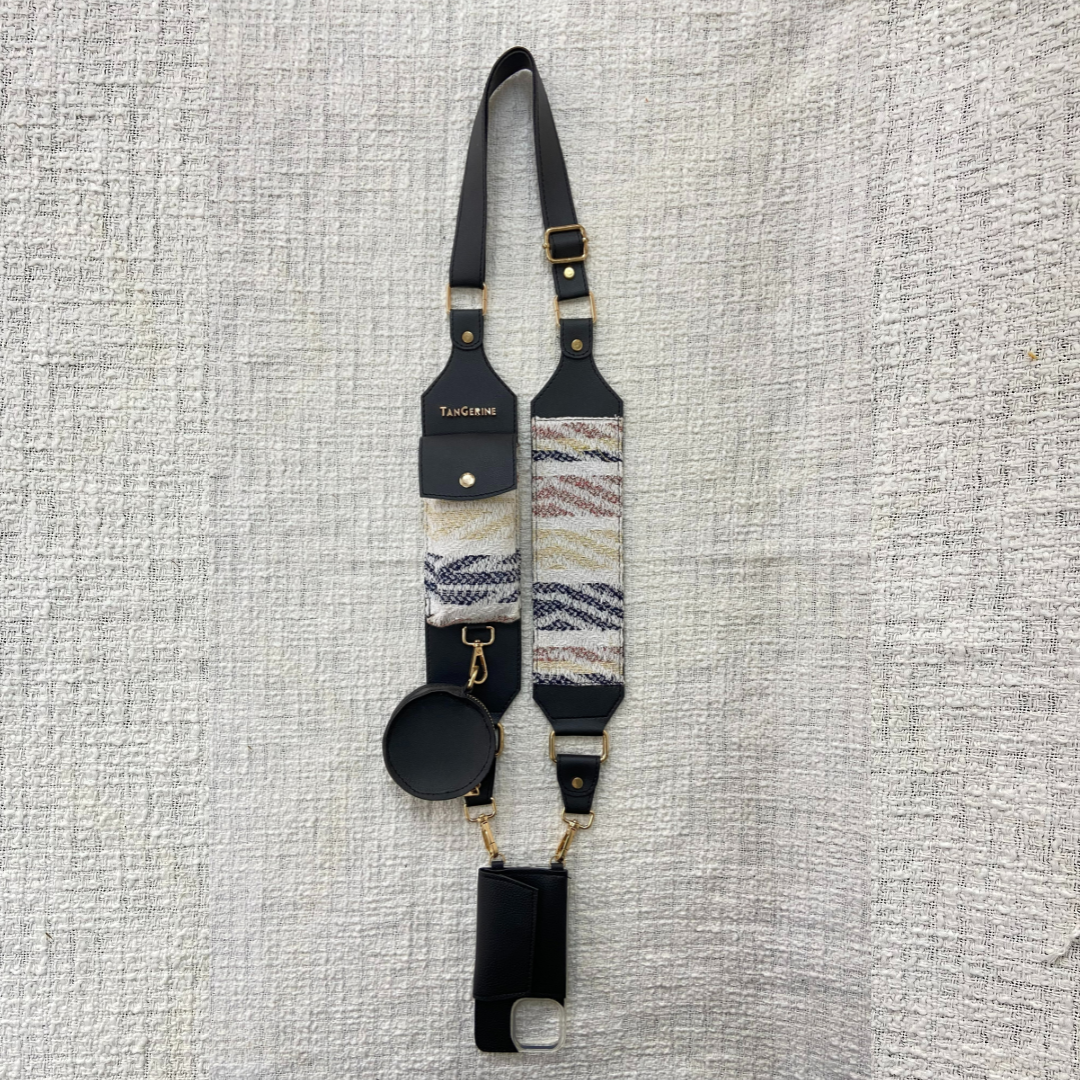 Black with White Tribal Cloth on Pochette Belt with Phone Case