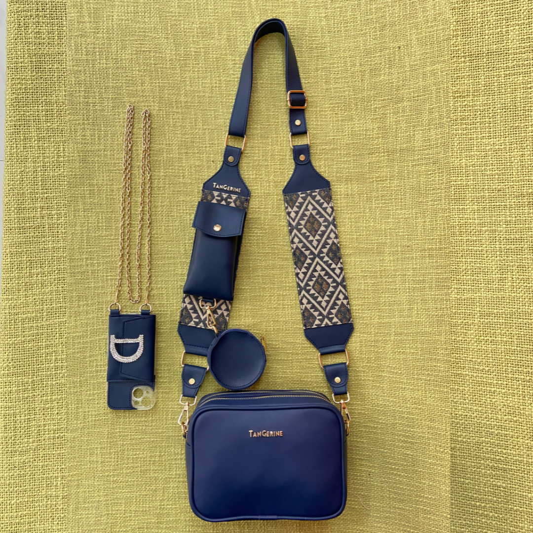 Blue Dual Compartment + Blue Light Black Diamond Pochette Belt with Phone Case