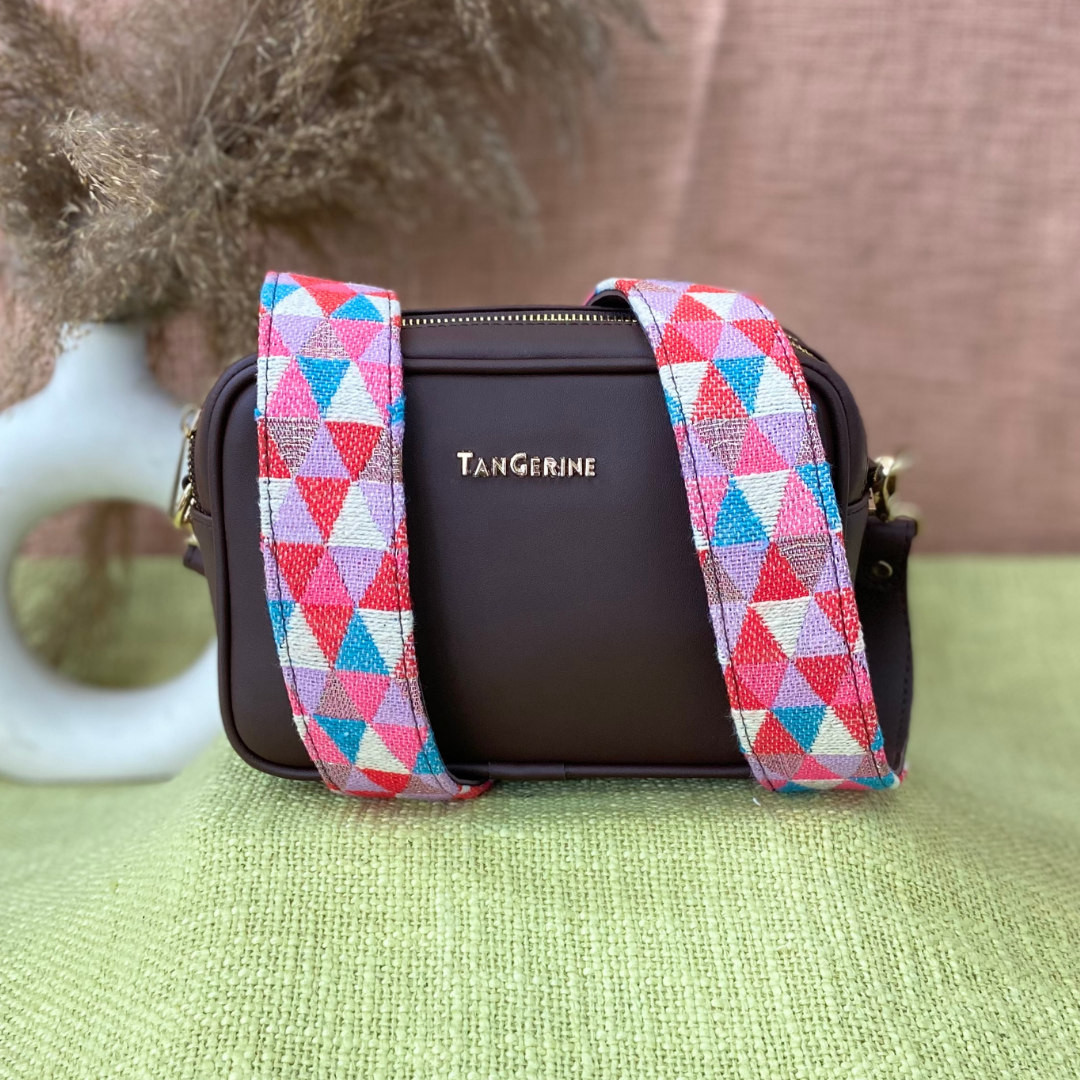 Brown Dual Compartment Sling Bag with Pink Multi-color Triangle Belt + Mini Wallet