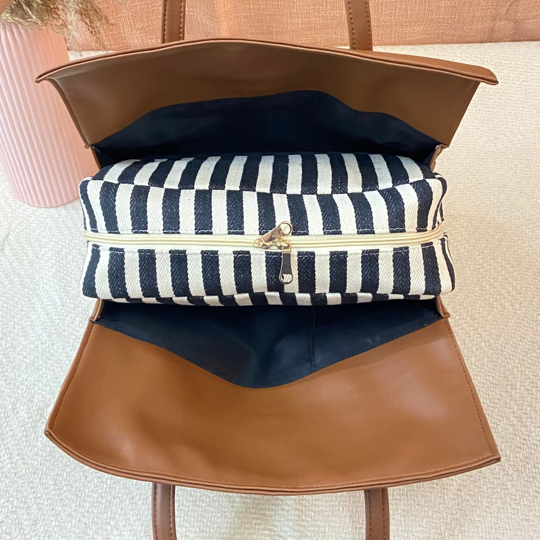 Brown with Black & White Stripes Leera 16inch Bag