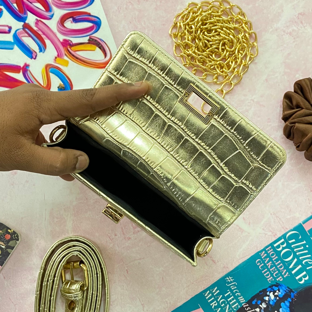 Gold Clip On Phone Size Waist Cum Sling Bag
