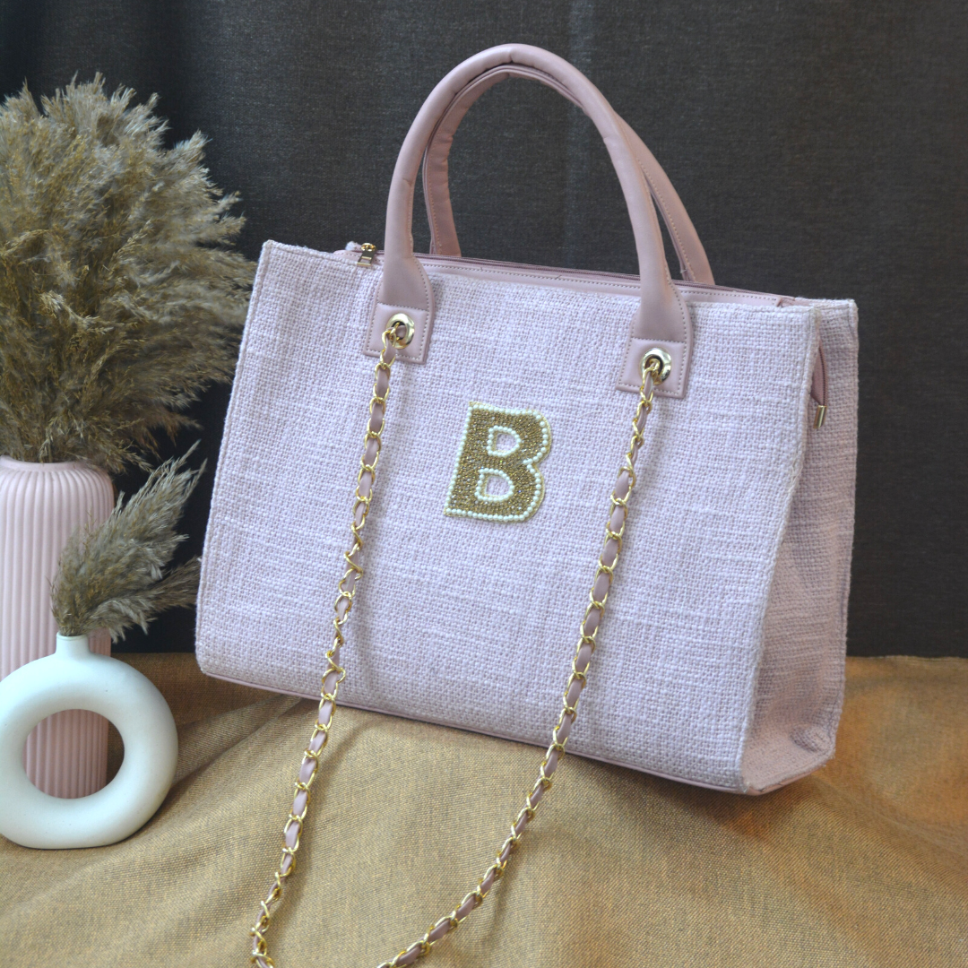 Pastel Pink Chain Tote Handwork 3inch (1 Initial)