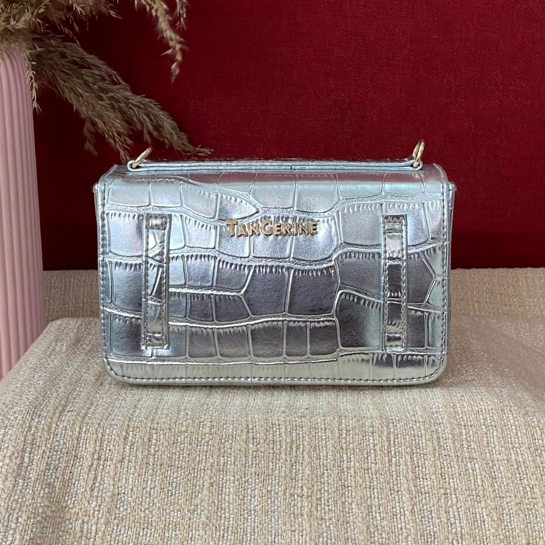 Silver Croc Embossed Box Style Waist Bag Phone Size