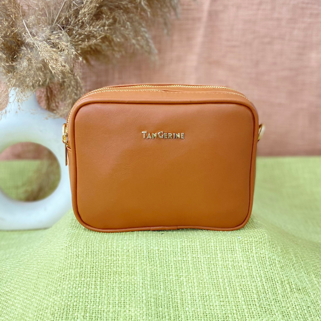 Tan Dual Compartment Bag with Pink Multi-color Triangle Belt + Mini Wallet Combo