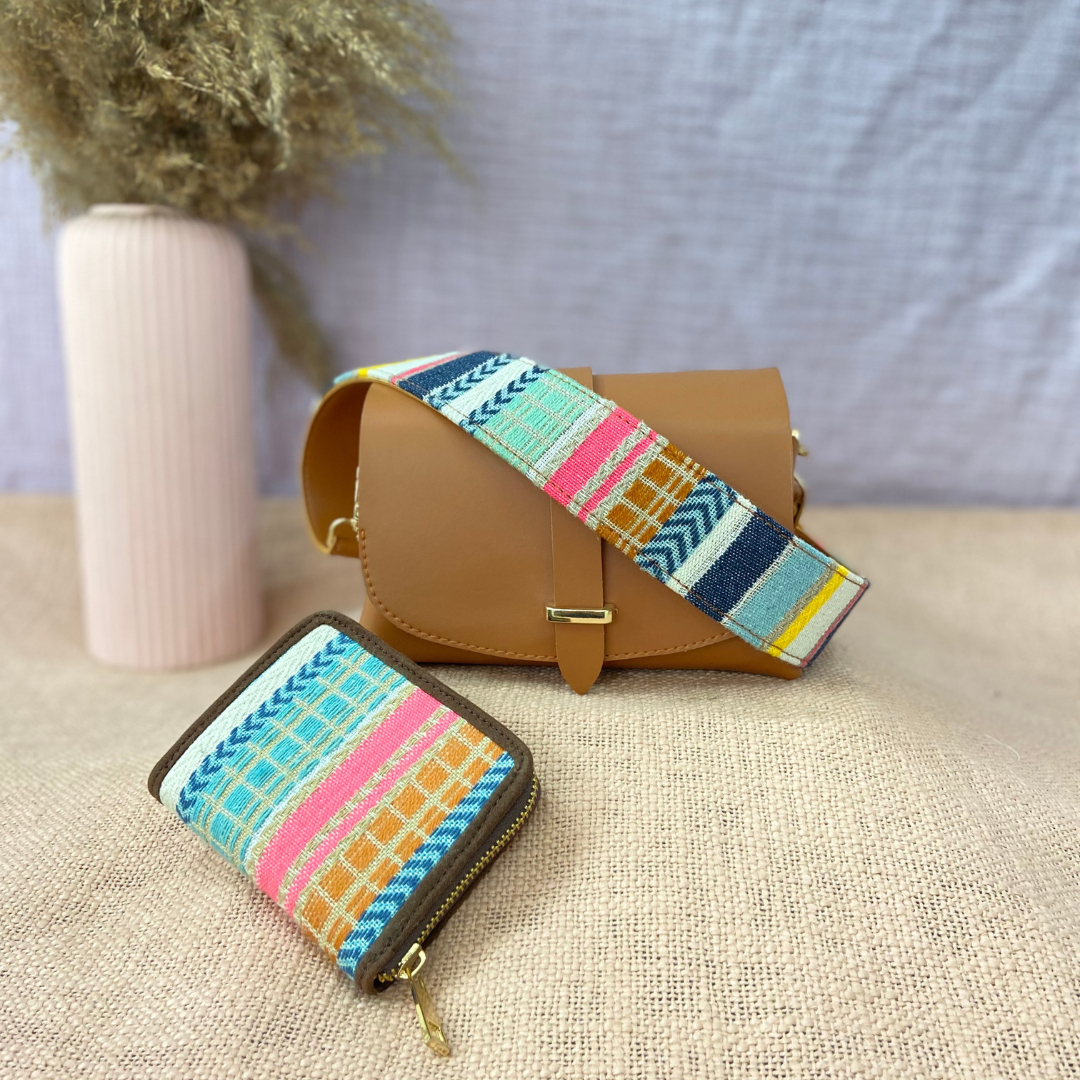 Tan Eva Bag with Vibrant Belt +Big & Mini Wallet Combo