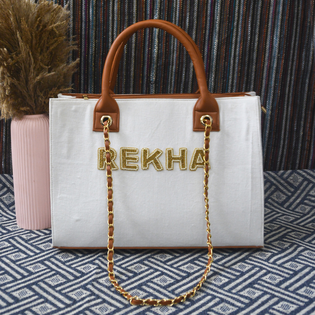 White Chain Tote Full Name Handwork (1 Lines Initials)