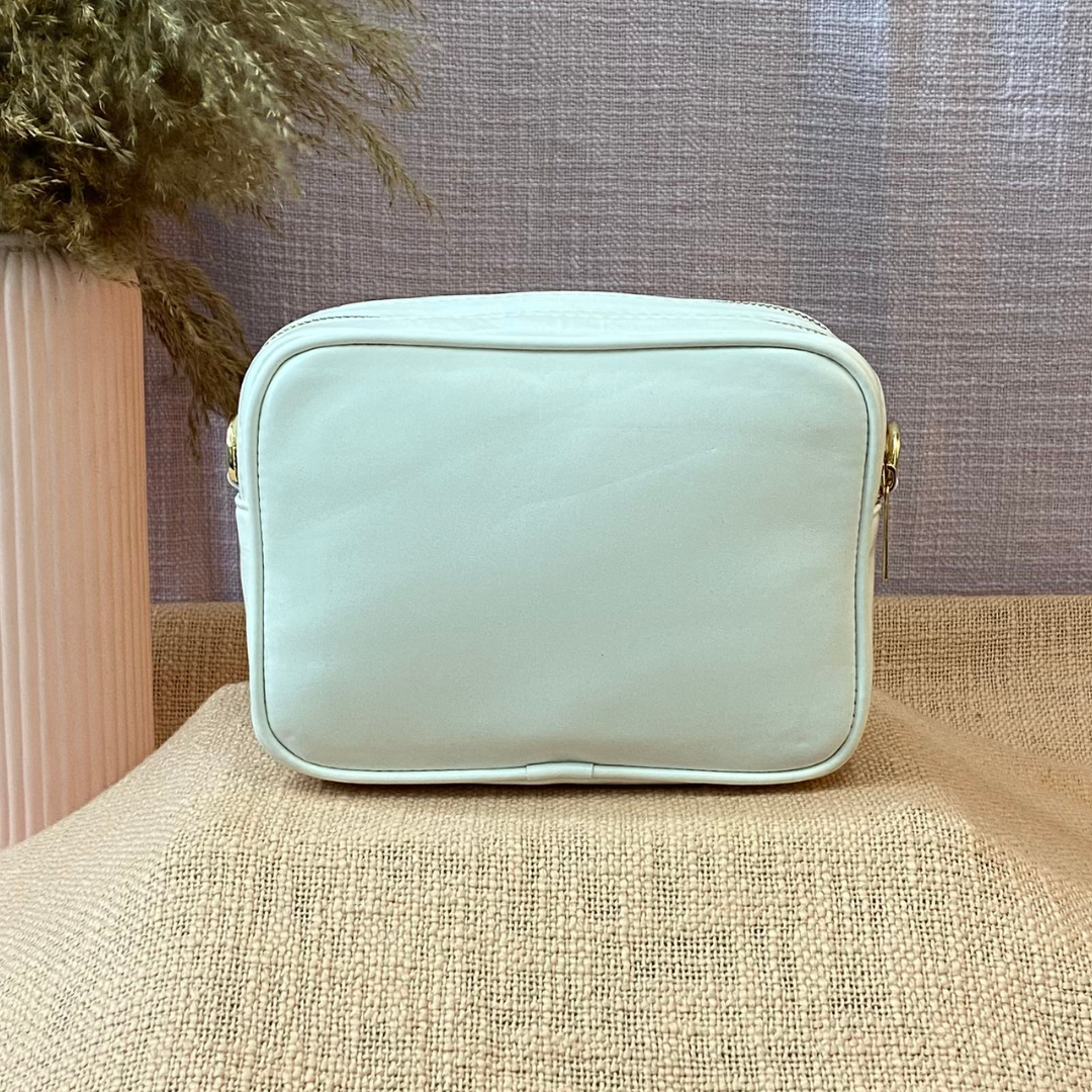 White Dual Compartment Sling Bag with Multi-color Lines Belt
