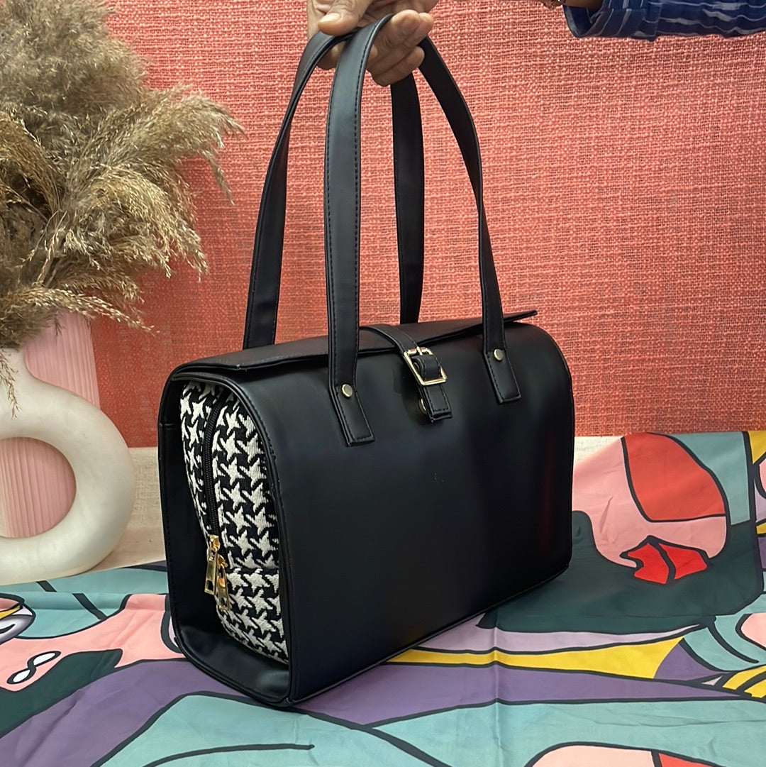 Black with Black &amp; White Vintage Small Print Leera 12inch Bag