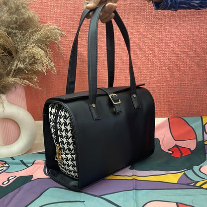 Black with Black &amp; White Vintage Small Print Leera 12inch Bag