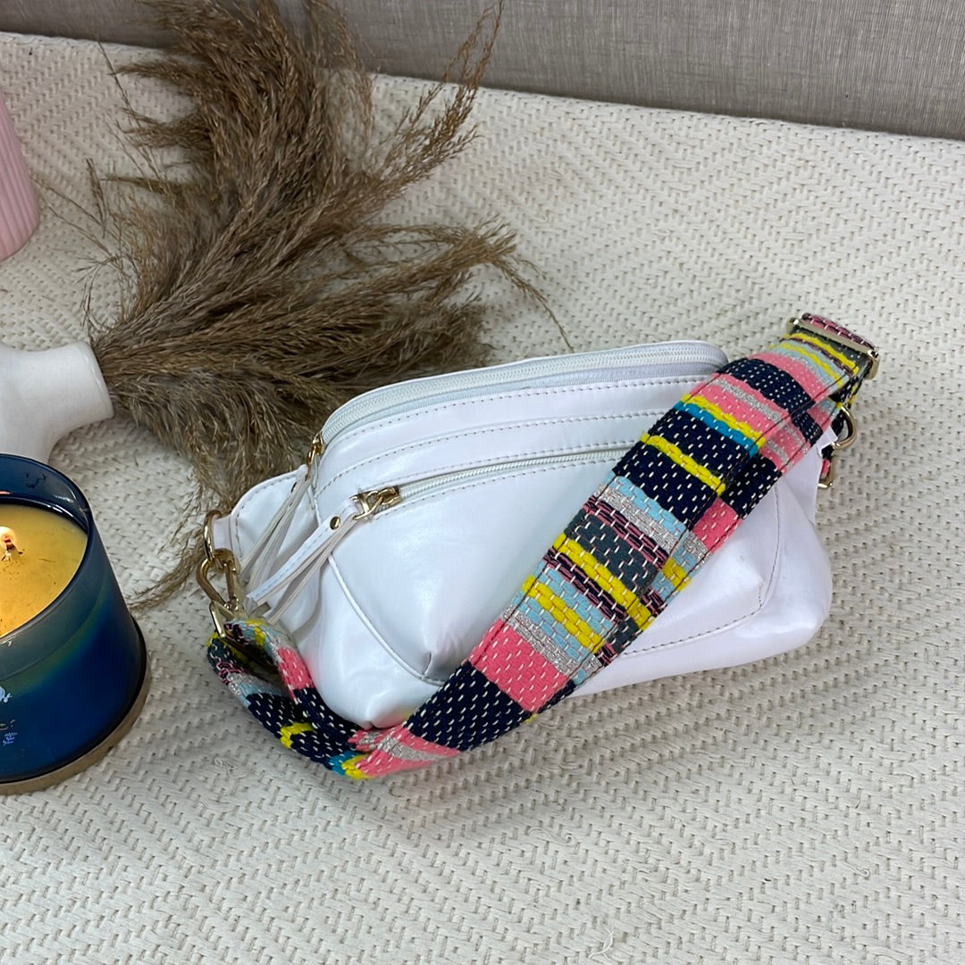 BUM BAG IN WHITE WITH MULTI COLOURED LINE BELT