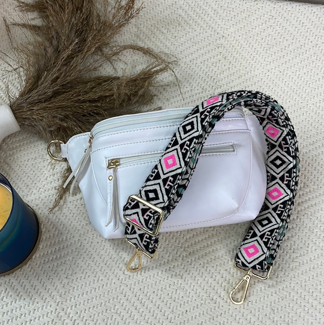 BUM BAG IN WHITE WITH PINK &amp; MINT DIAMOND BELT