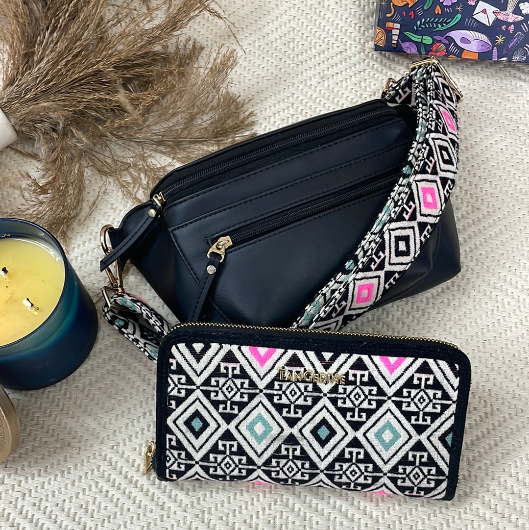 BLACK BUM BAG WITH PINK MINT TRIANGLE BELT + WALLET COMBO