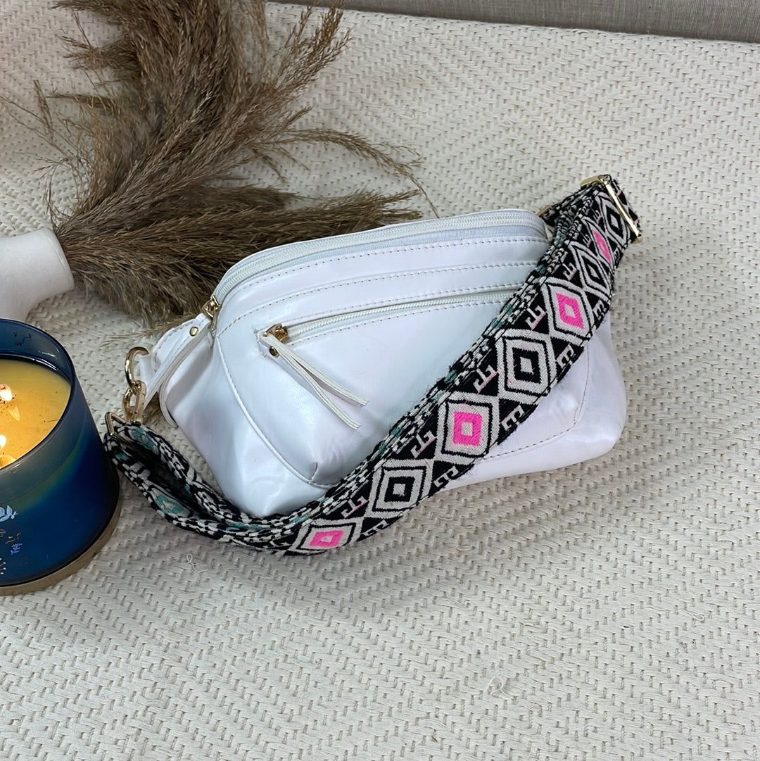 BUM BAG IN WHITE WITH PINK &amp; MINT DIAMOND BELT