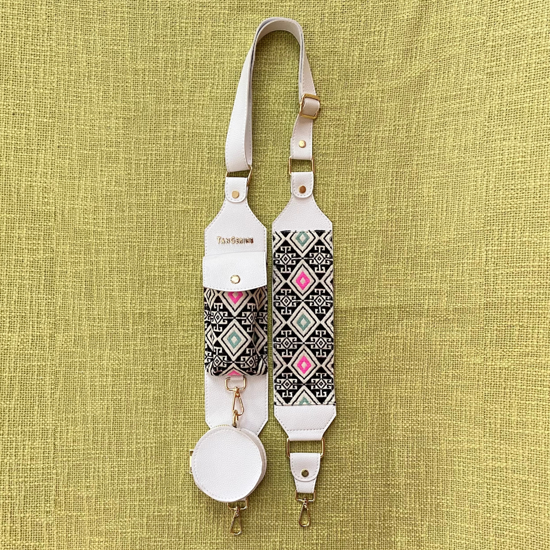 White with Mint &amp; Pink Diamond Cloth on Pocket Pochette only Belt.