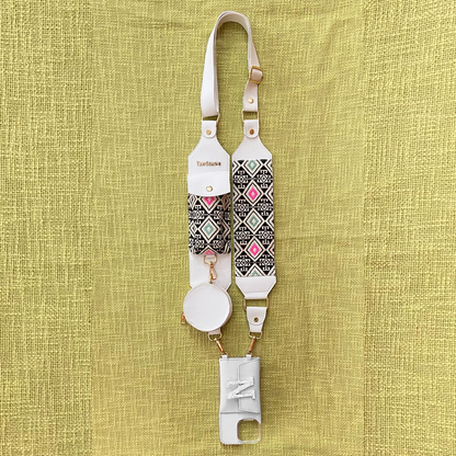 White Dual Compartment + White Multi-color Diamond Cloth on Pocket Pochette Belt with Phone Case