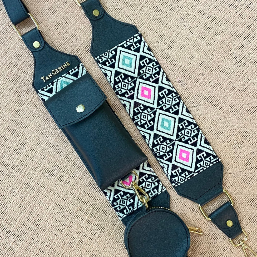 Black with Multi-Color Diamond Pochette Belt with Phone Case
