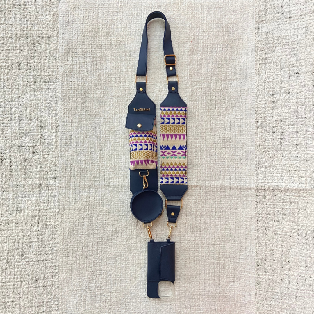 Blue Eva + Blue Multi-Color Triangle Cloth on Pocket Pochette Belt with Phone Case