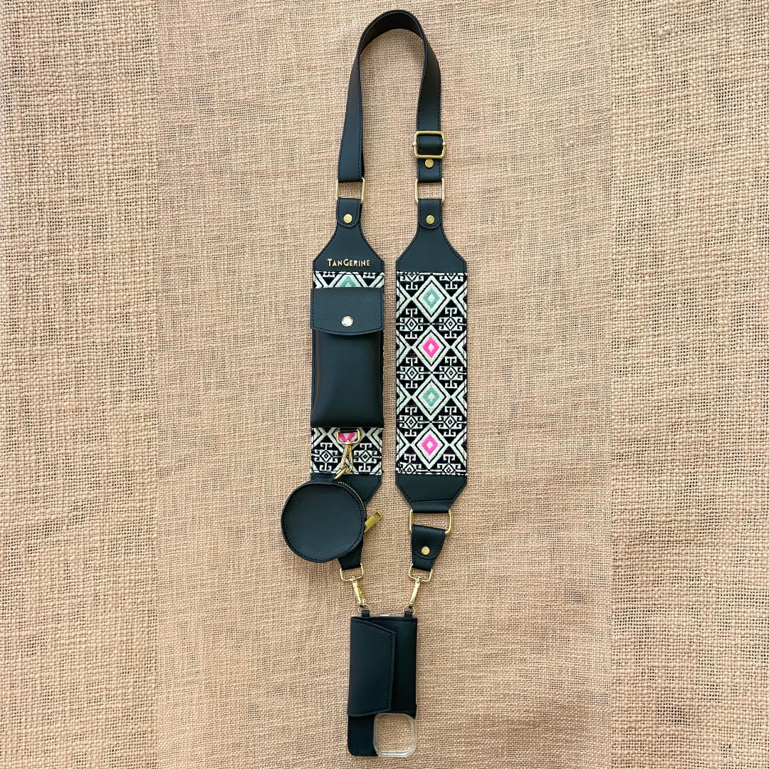 Black with Multi-Color Diamond Pochette Belt with Phone Case
