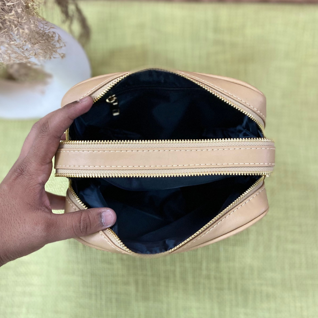 Beige Dual Compartment Bag with Multi-color Lines Belt.