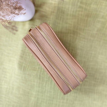Beige Dual Compartment Bag with Colorful Lines Belt.